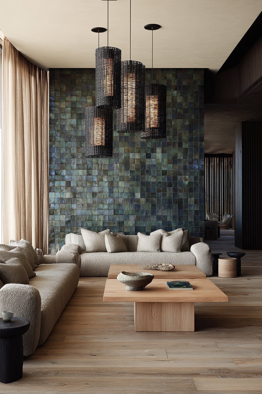 Emerald green zellige tile wall with warm grey bouclé sofa, light oak coffee table and rattan pendants