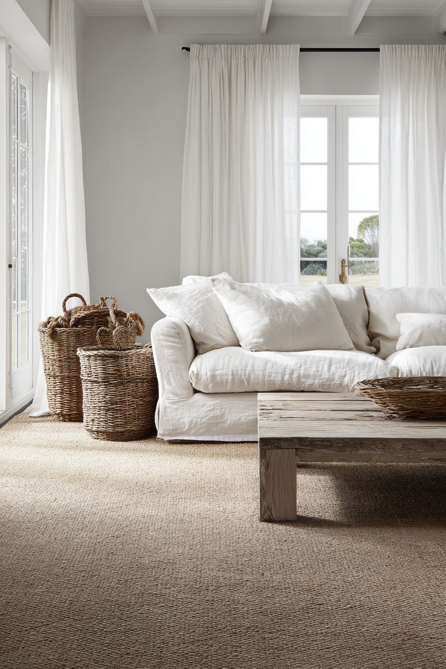 Coastal modern living room with sand linen slipcovered sofa, bleached teak coffee table and seagrass baskets