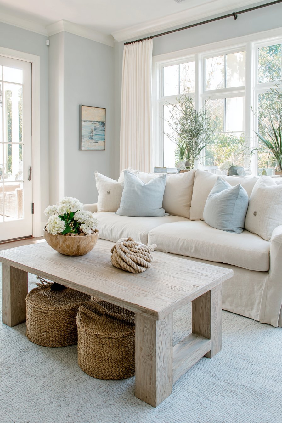 Coastal modern living room with sand linen slipcovered sofa, bleached teak coffee table and seagrass baskets