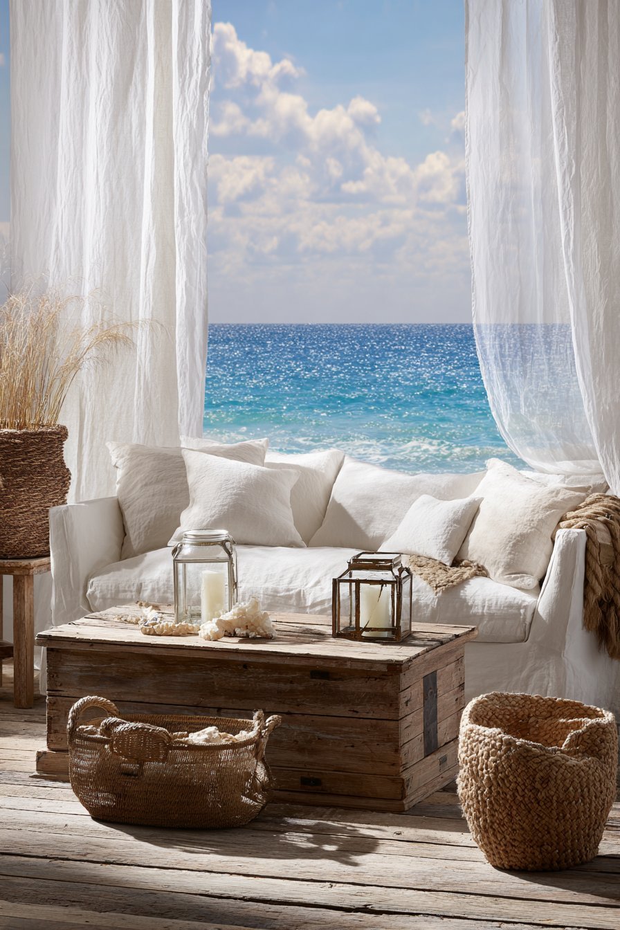 Coastal modern living room with sand linen slipcovered sofa, bleached teak coffee table and seagrass baskets