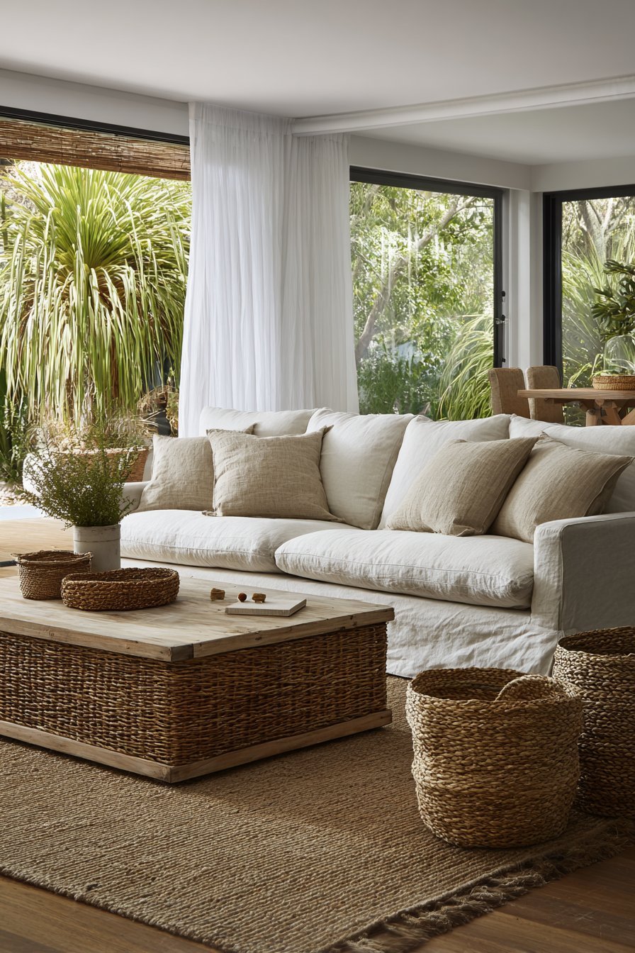 Coastal modern living room with sand linen slipcovered sofa, bleached teak coffee table and seagrass baskets