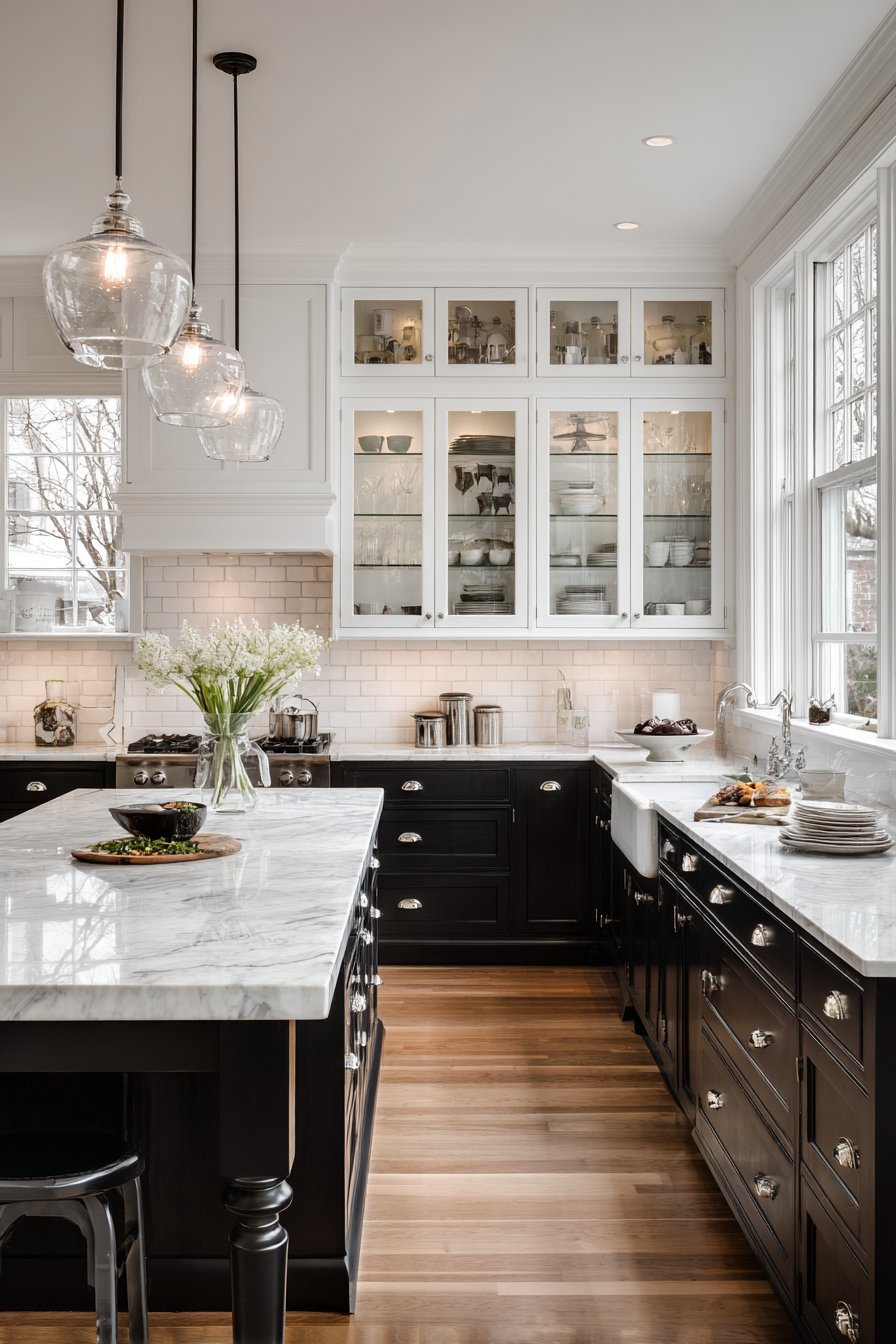 White glass-mullion uppers over charcoal lowers with marble counters and a turned-leg island seating four