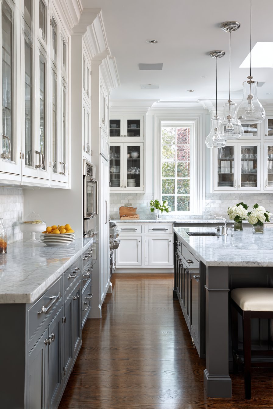 White glass-mullion uppers over charcoal lowers with marble counters and a turned-leg island seating four
