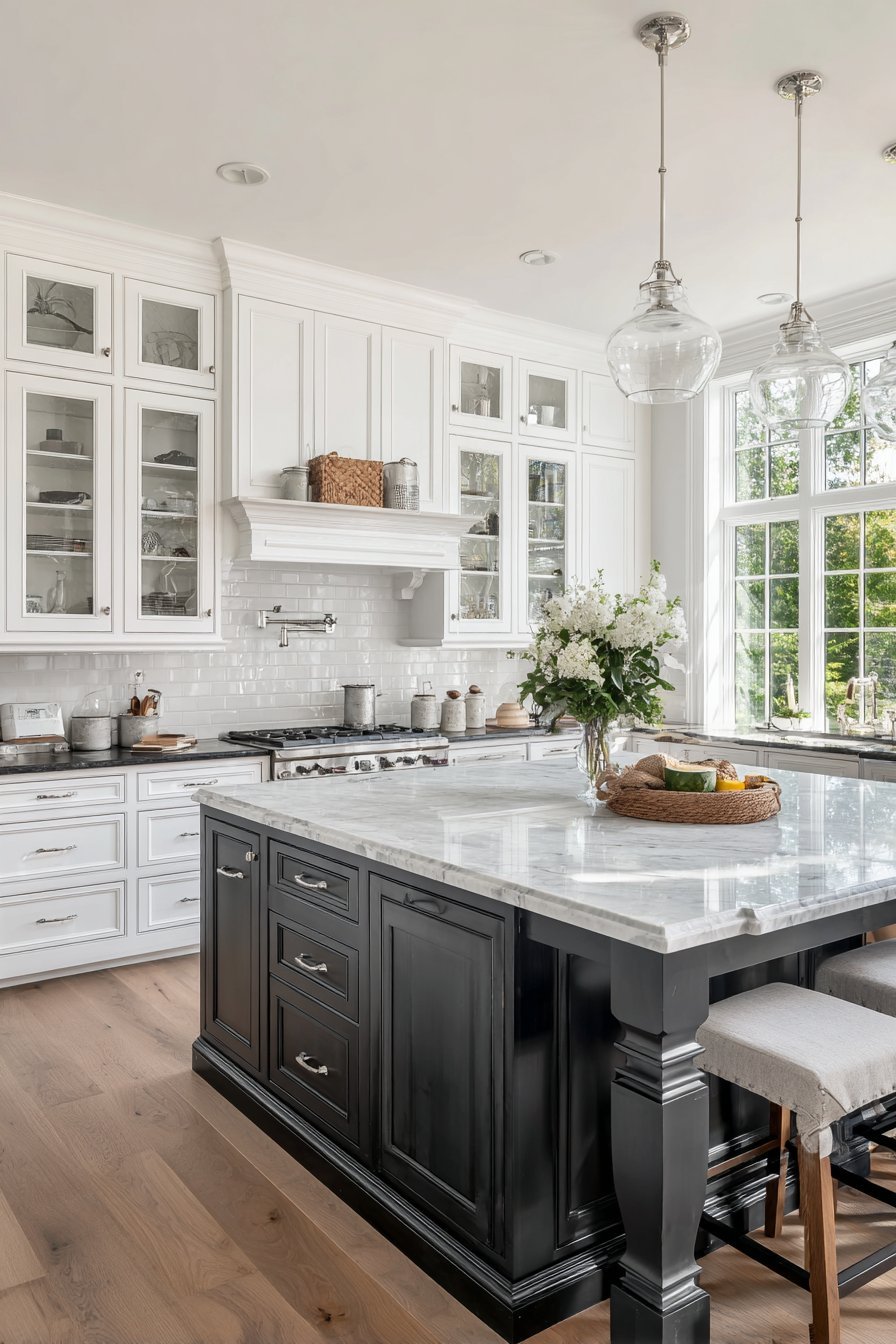 White glass-mullion uppers over charcoal lowers with marble counters and a turned-leg island seating four