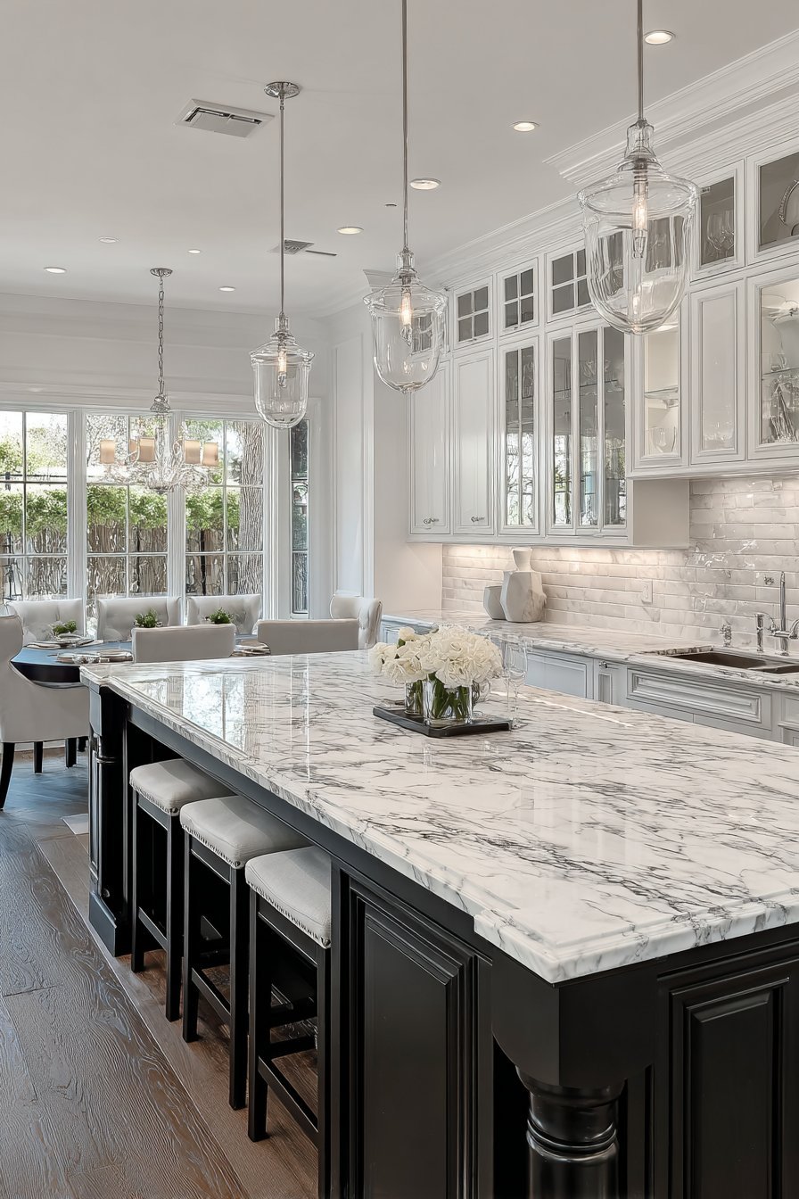White glass-mullion uppers over charcoal lowers with marble counters and a turned-leg island seating four