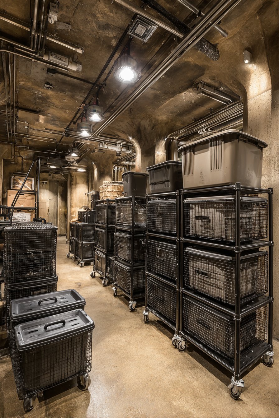 Heavy-duty basement shelving on casters with stacked grey totes, wire baskets and a rolling ladder