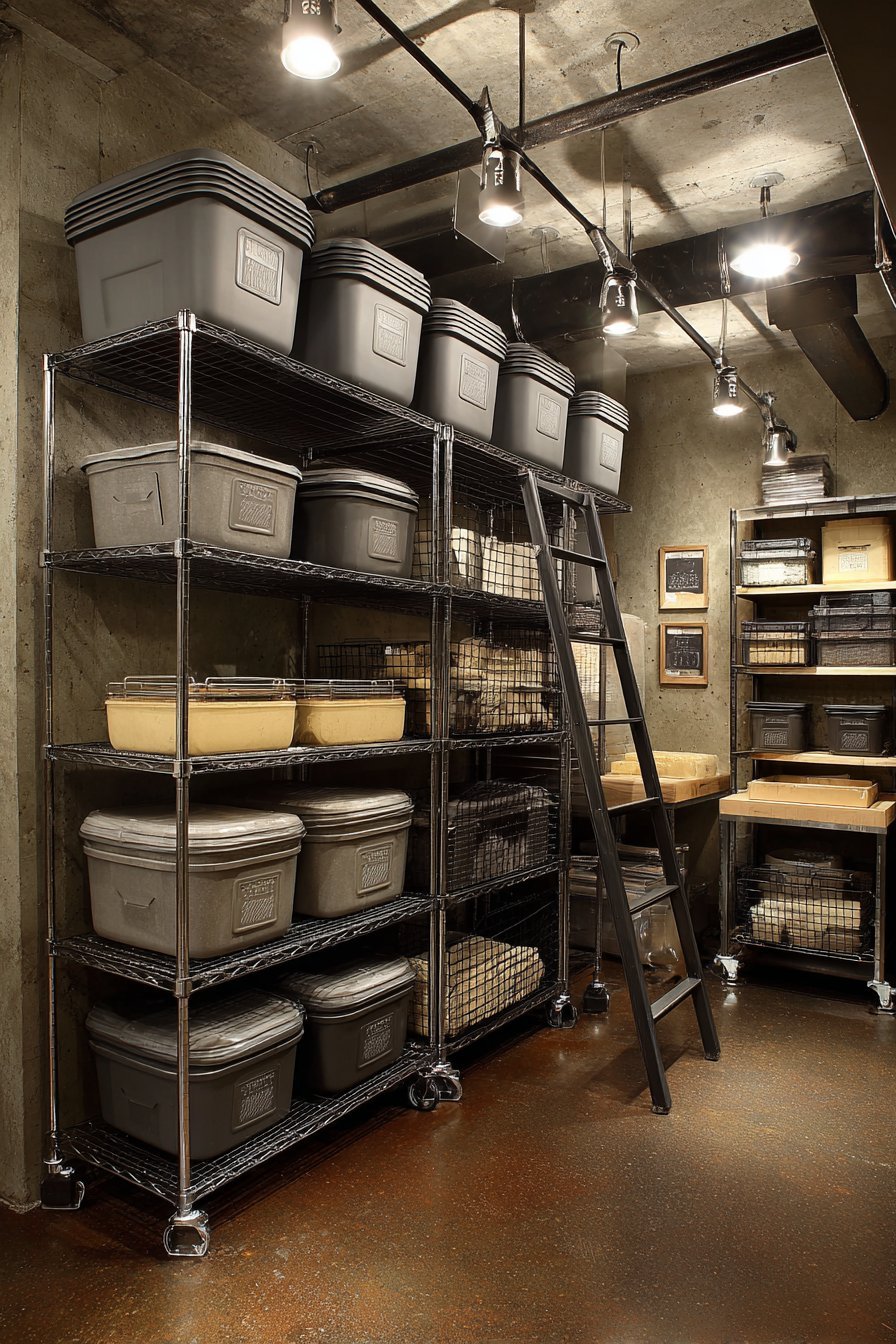 Heavy-duty basement shelving on casters with stacked grey totes, wire baskets and a rolling ladder