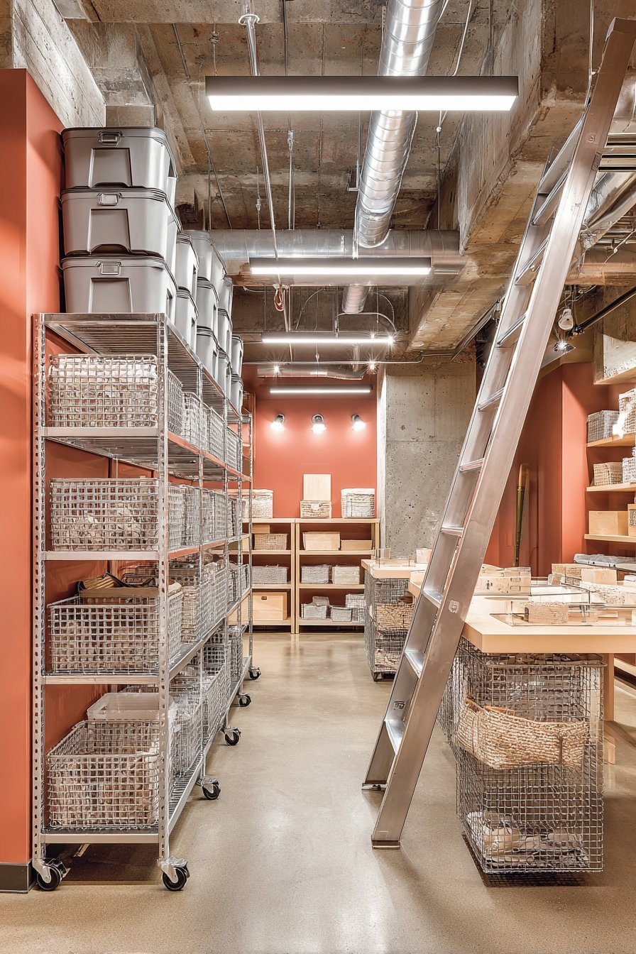 Heavy-duty basement shelving on casters with stacked grey totes, wire baskets and a rolling ladder