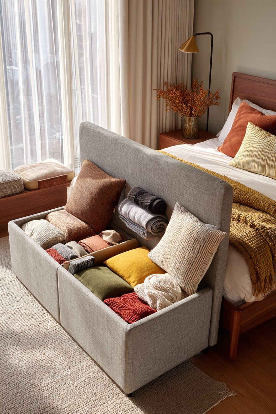 Dove grey linen storage bench at the foot of a bed, open to show bedding and pillows, with oak legs