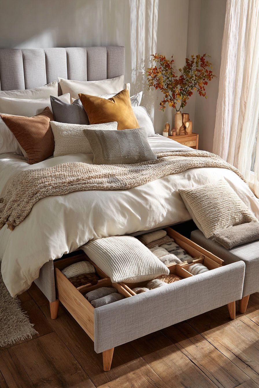 Dove grey linen storage bench at the foot of a bed, open to show bedding and pillows, with oak legs