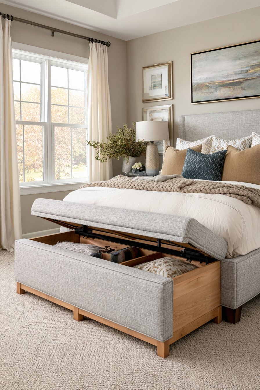 Dove grey linen storage bench at the foot of a bed, open to show bedding and pillows, with oak legs