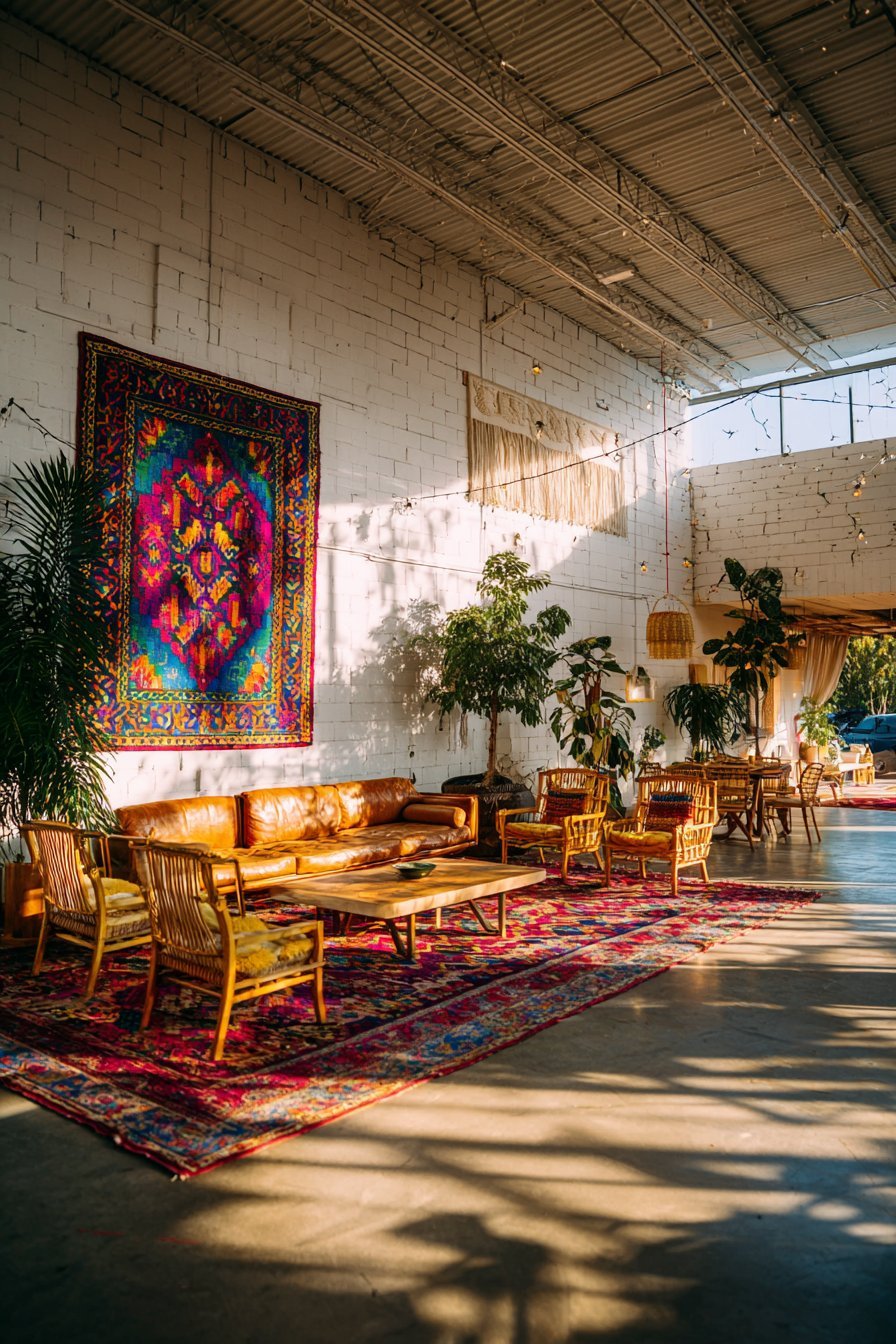 Bohemian living room with macramé hangings, kilim wall textile, cognac leather sofa and rattan chairs