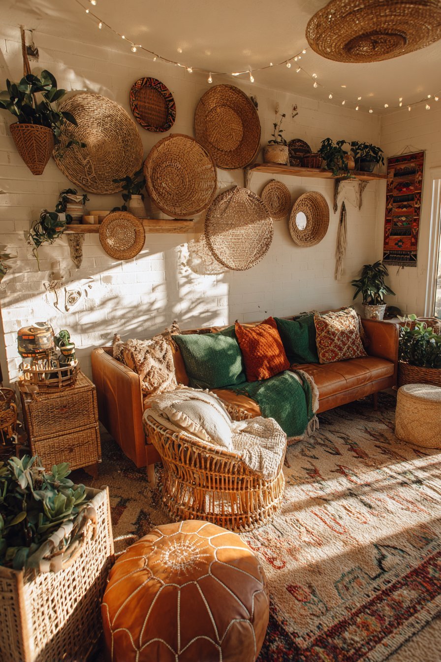 Bohemian living room with macramé hangings, kilim wall textile, cognac leather sofa and rattan chairs