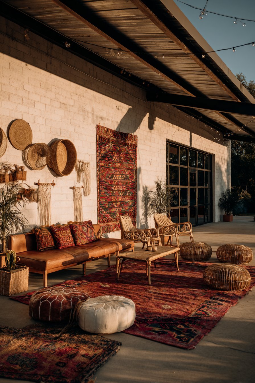 Bohemian living room with macramé hangings, kilim wall textile, cognac leather sofa and rattan chairs