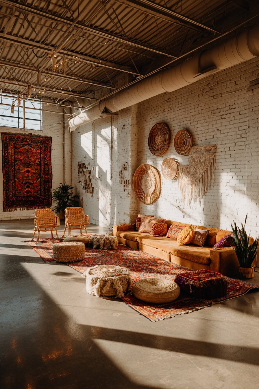 Bohemian living room with macramé hangings, kilim wall textile, cognac leather sofa and rattan chairs