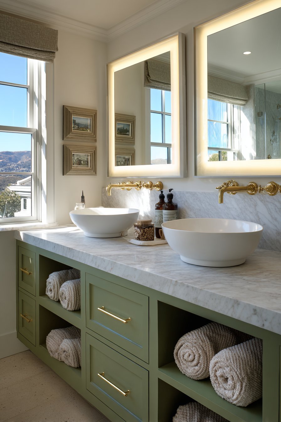 Sage green double vanity with vessel sinks, Carrara marble top, brass pulls and backlit mirrors