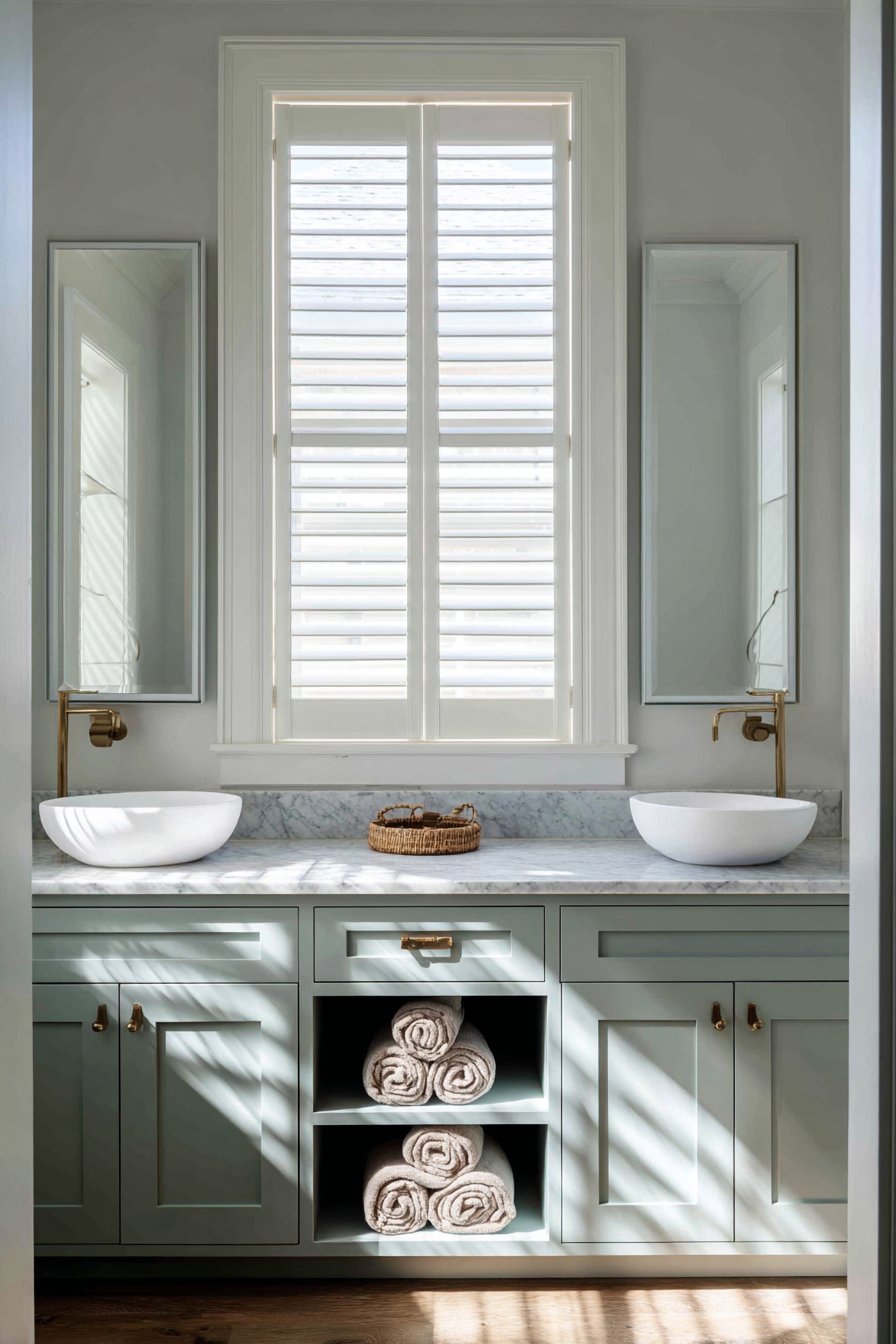 Sage green double vanity with vessel sinks, Carrara marble top, brass pulls and backlit mirrors