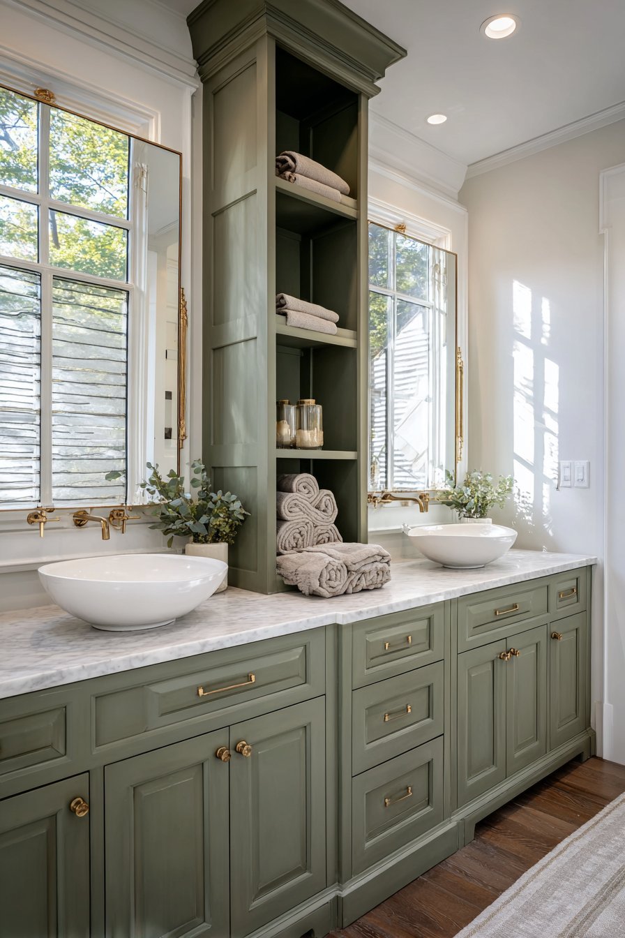 Sage green double vanity with vessel sinks, Carrara marble top, brass pulls and backlit mirrors