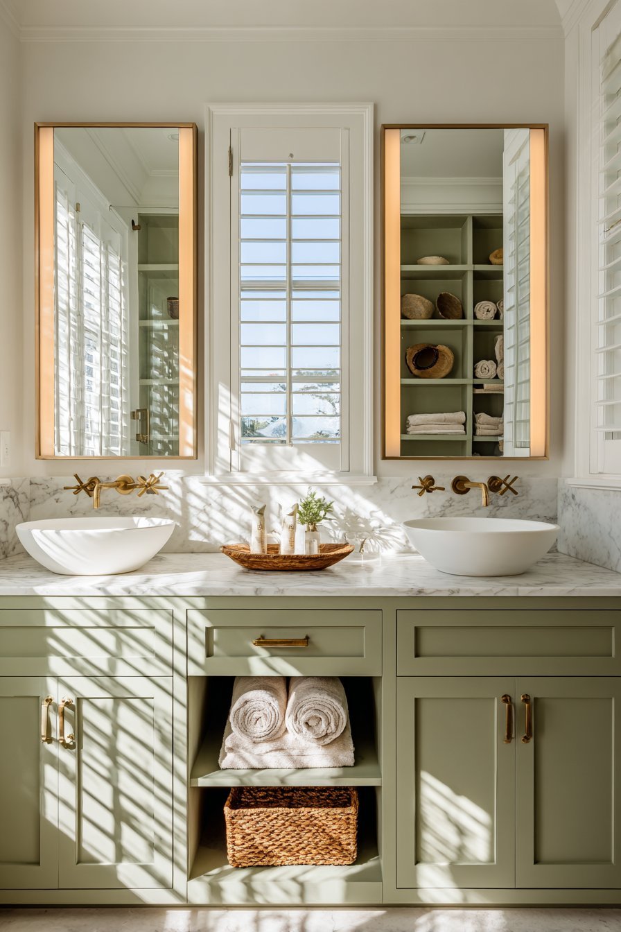 Sage green double vanity with vessel sinks, Carrara marble top, brass pulls and backlit mirrors
