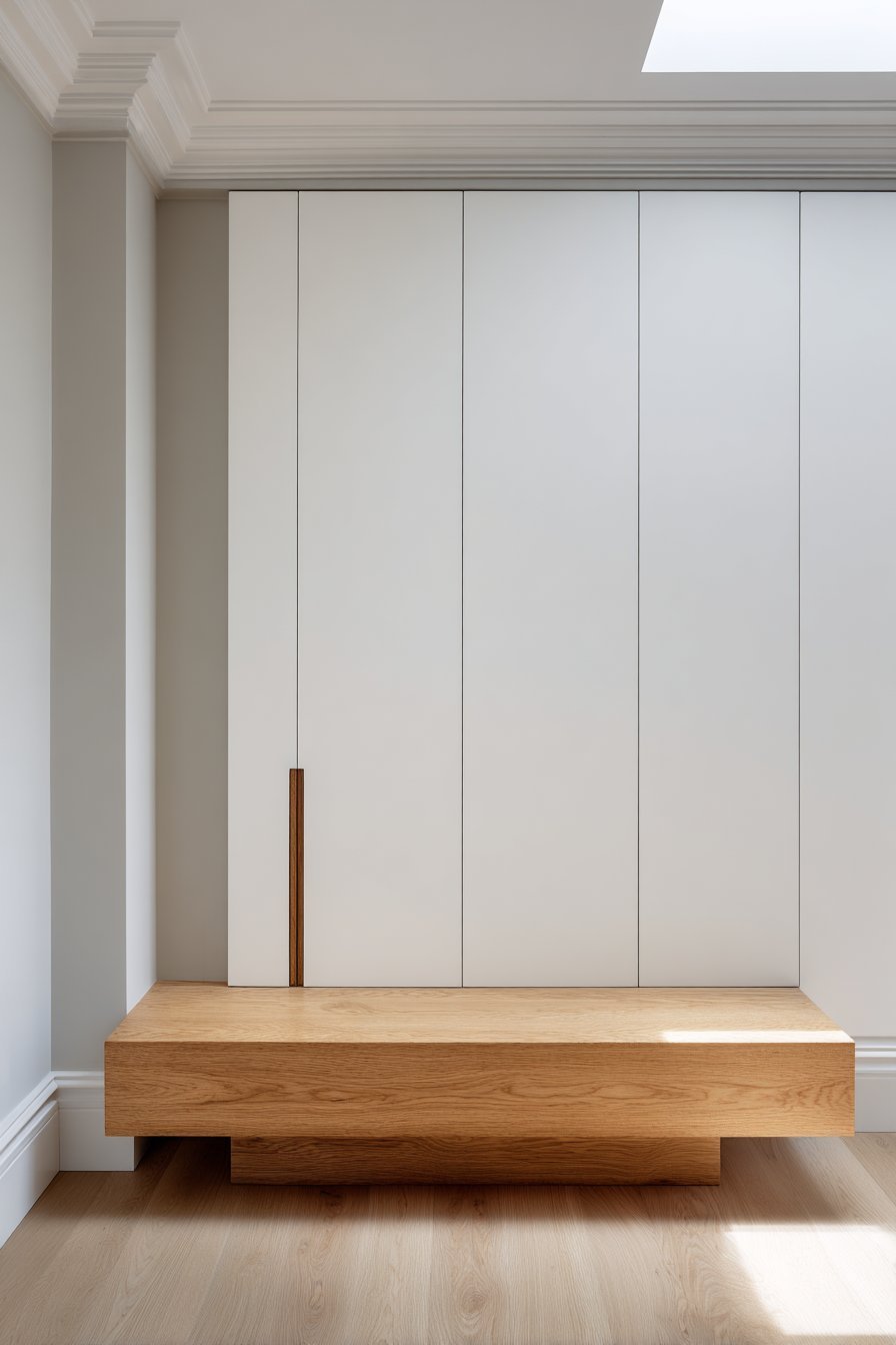 Handleless white matte wardrobes spanning one wall beside an oak bench and bed under a skylight