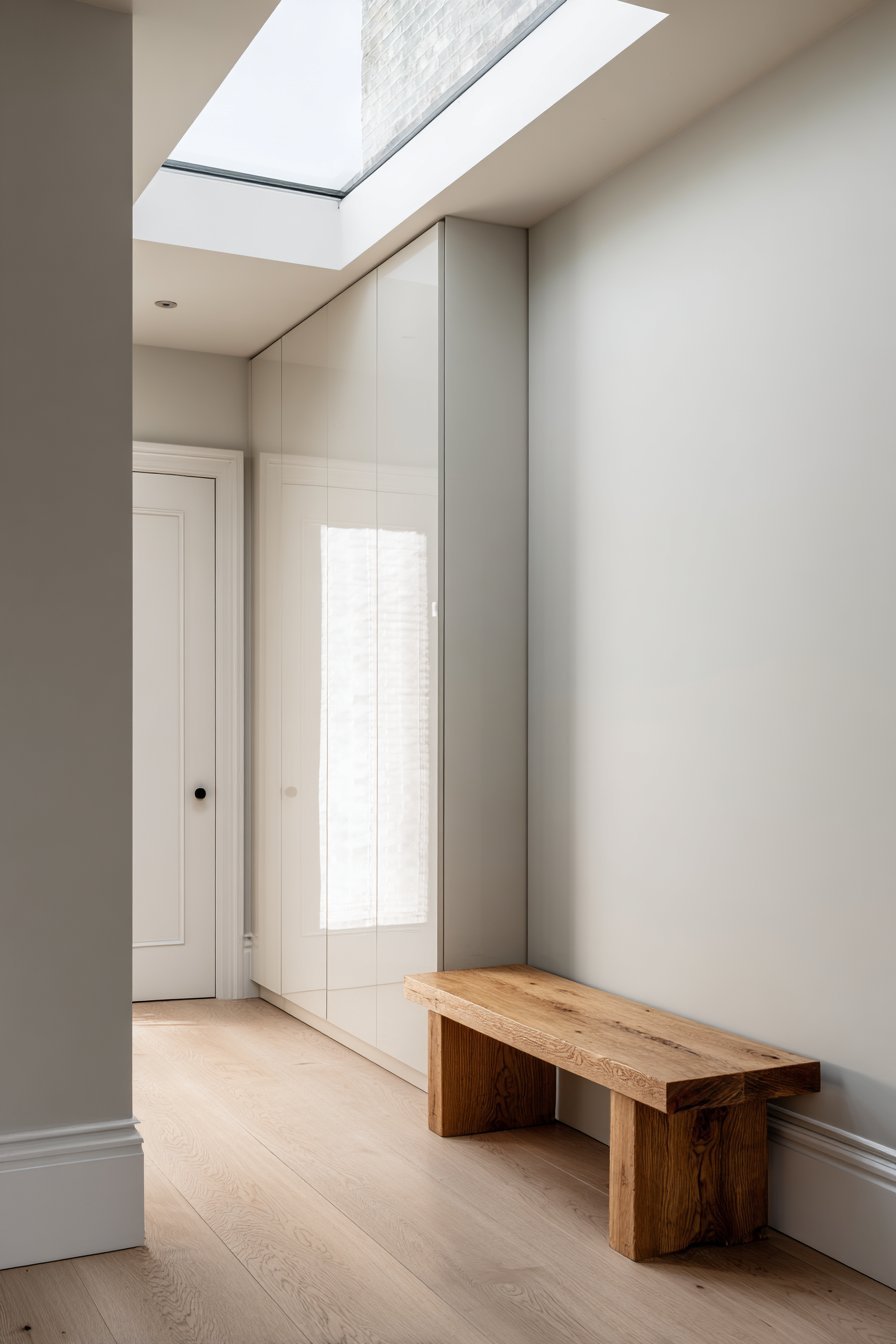 Handleless white matte wardrobes spanning one wall beside an oak bench and bed under a skylight