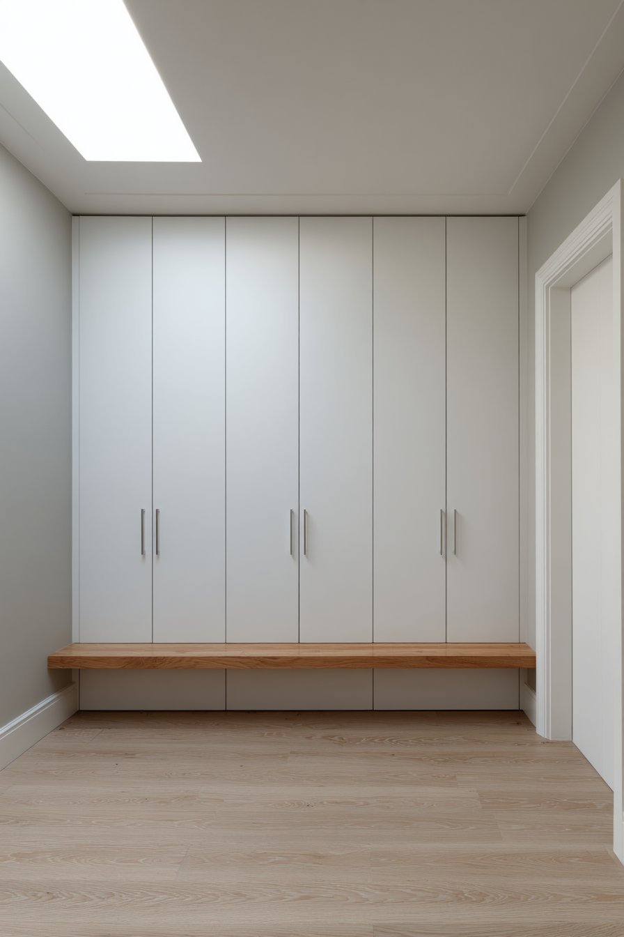 Handleless white matte wardrobes spanning one wall beside an oak bench and bed under a skylight