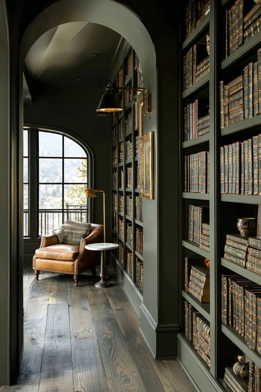 Forest green built-in bookshelves with leather-bound books, cognac armchair and arched black steel window