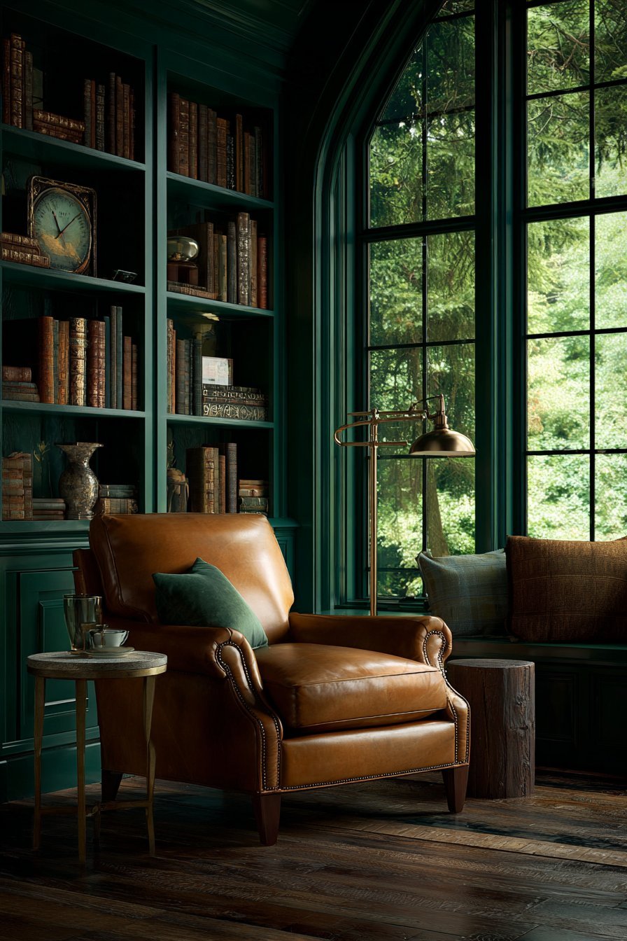 Forest green built-in bookshelves with leather-bound books, cognac armchair and arched black steel window