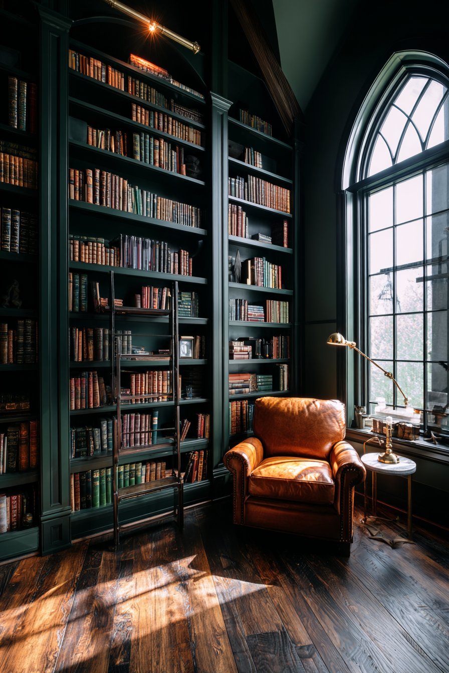 Forest green built-in bookshelves with leather-bound books, cognac armchair and arched black steel window