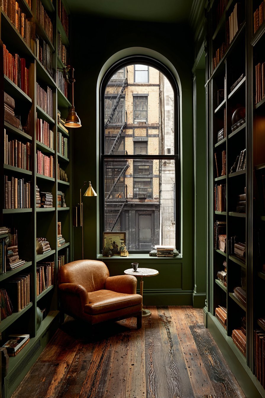 Forest green built-in bookshelves with leather-bound books, cognac armchair and arched black steel window