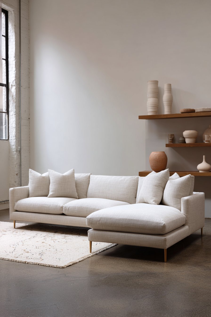 Minimalist living room with oatmeal linen sectional, floating walnut shelves and polished concrete floor