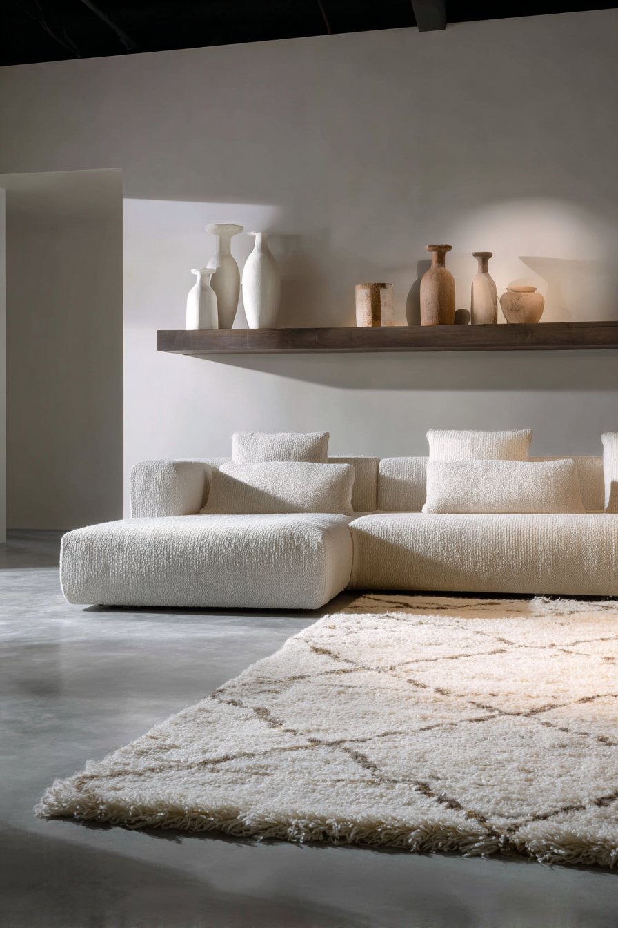 Minimalist living room with oatmeal linen sectional, floating walnut shelves and polished concrete floor