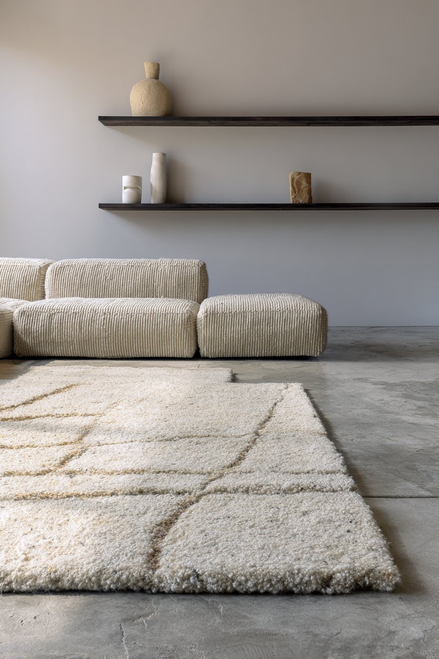 Minimalist living room with oatmeal linen sectional, floating walnut shelves and polished concrete floor