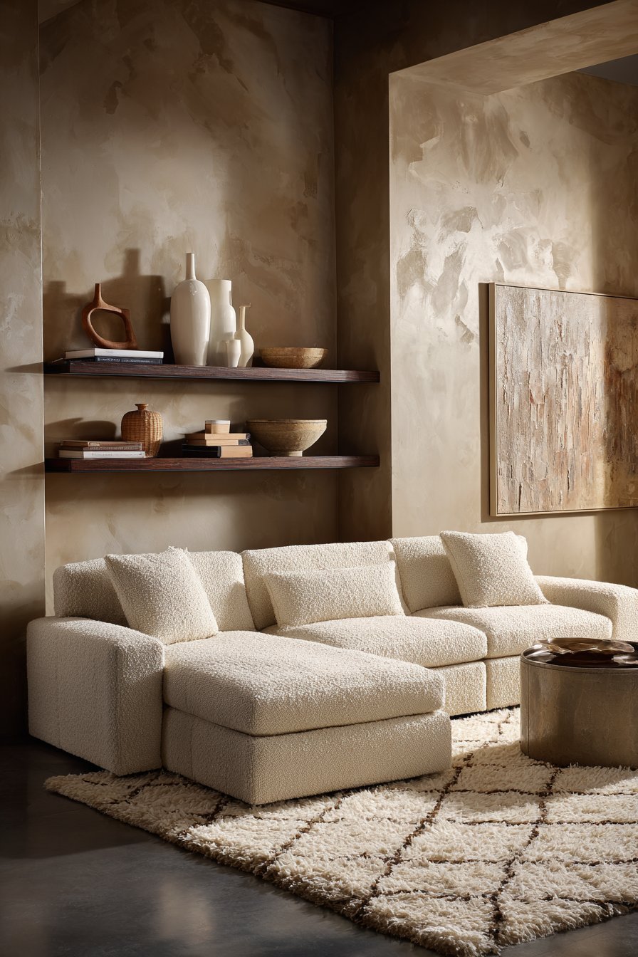 Minimalist living room with oatmeal linen sectional, floating walnut shelves and polished concrete floor