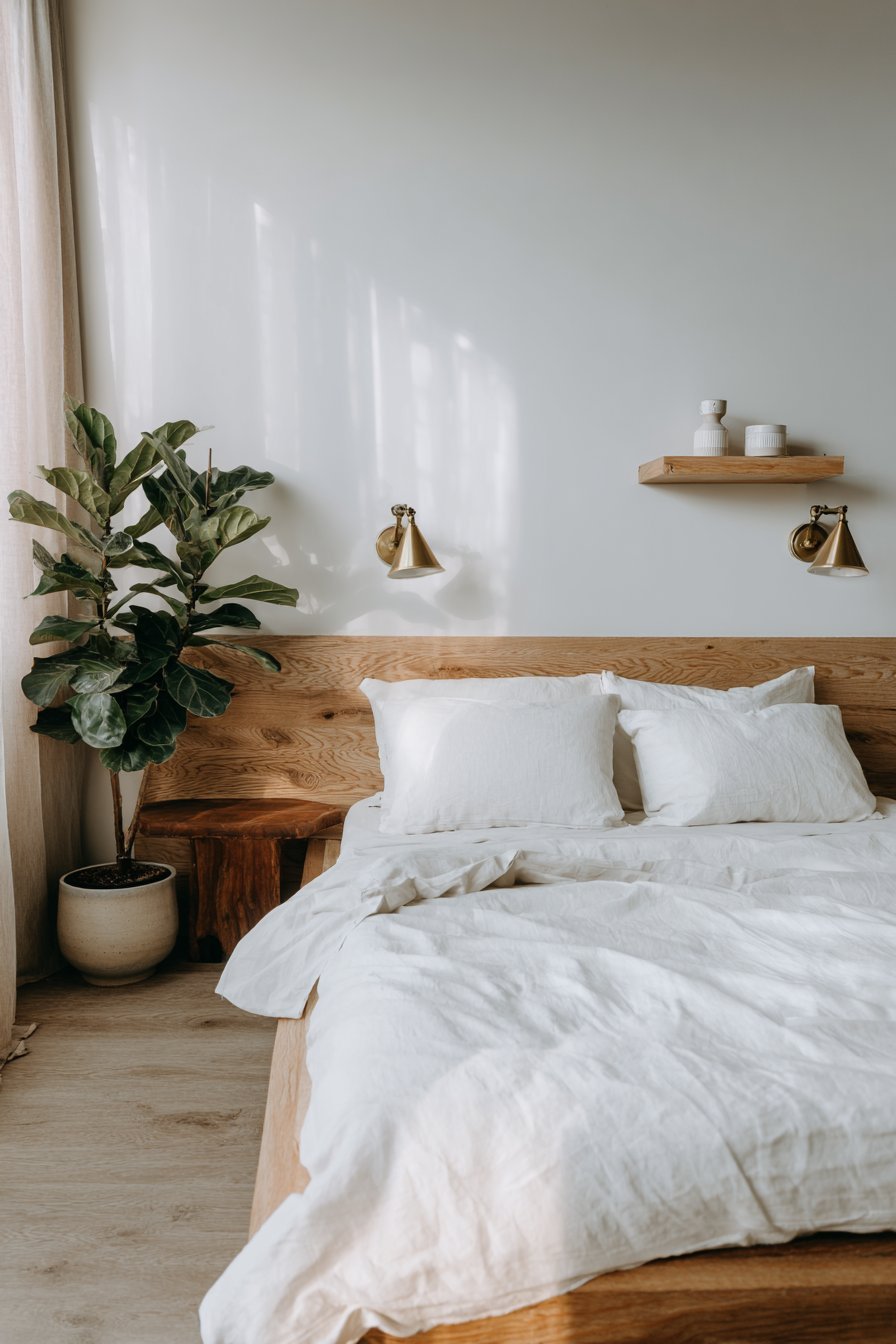 Scandinavian small bedroom with ash wood platform bed and wall-mounted brass reading lights