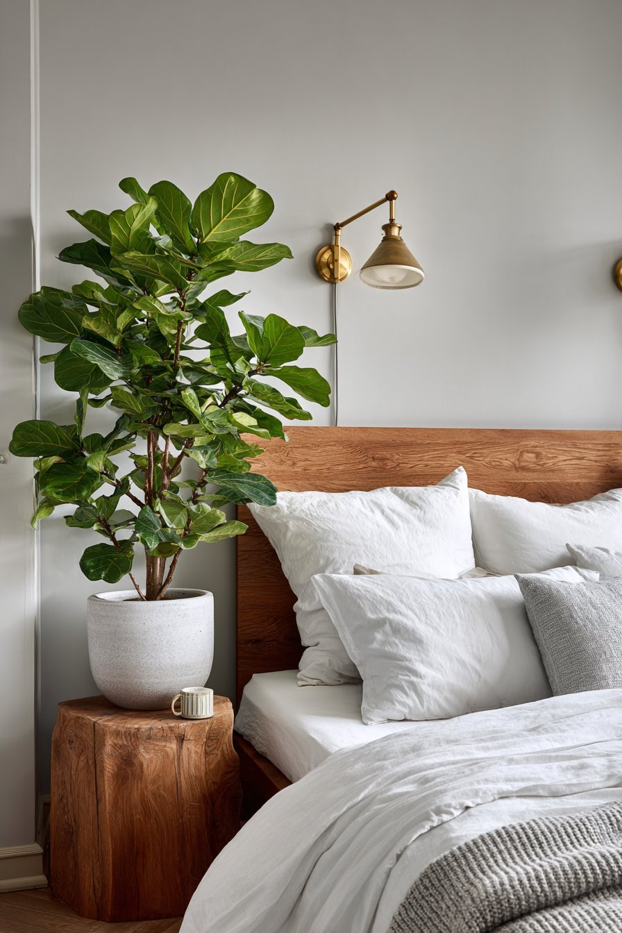 Scandinavian small bedroom with ash wood platform bed and wall-mounted brass reading lights