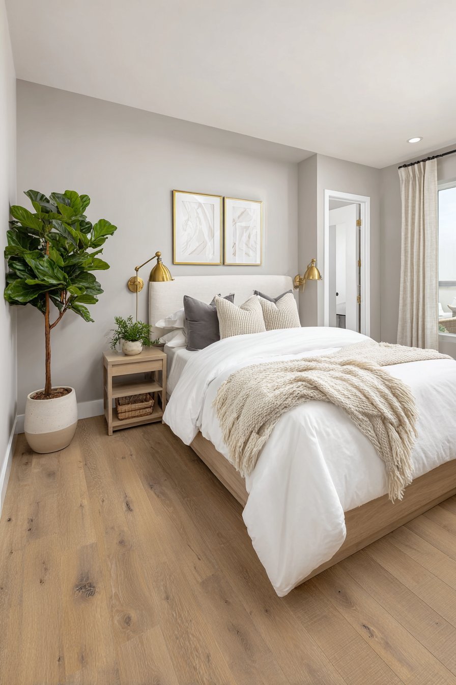 Scandinavian small bedroom with ash wood platform bed and wall-mounted brass reading lights