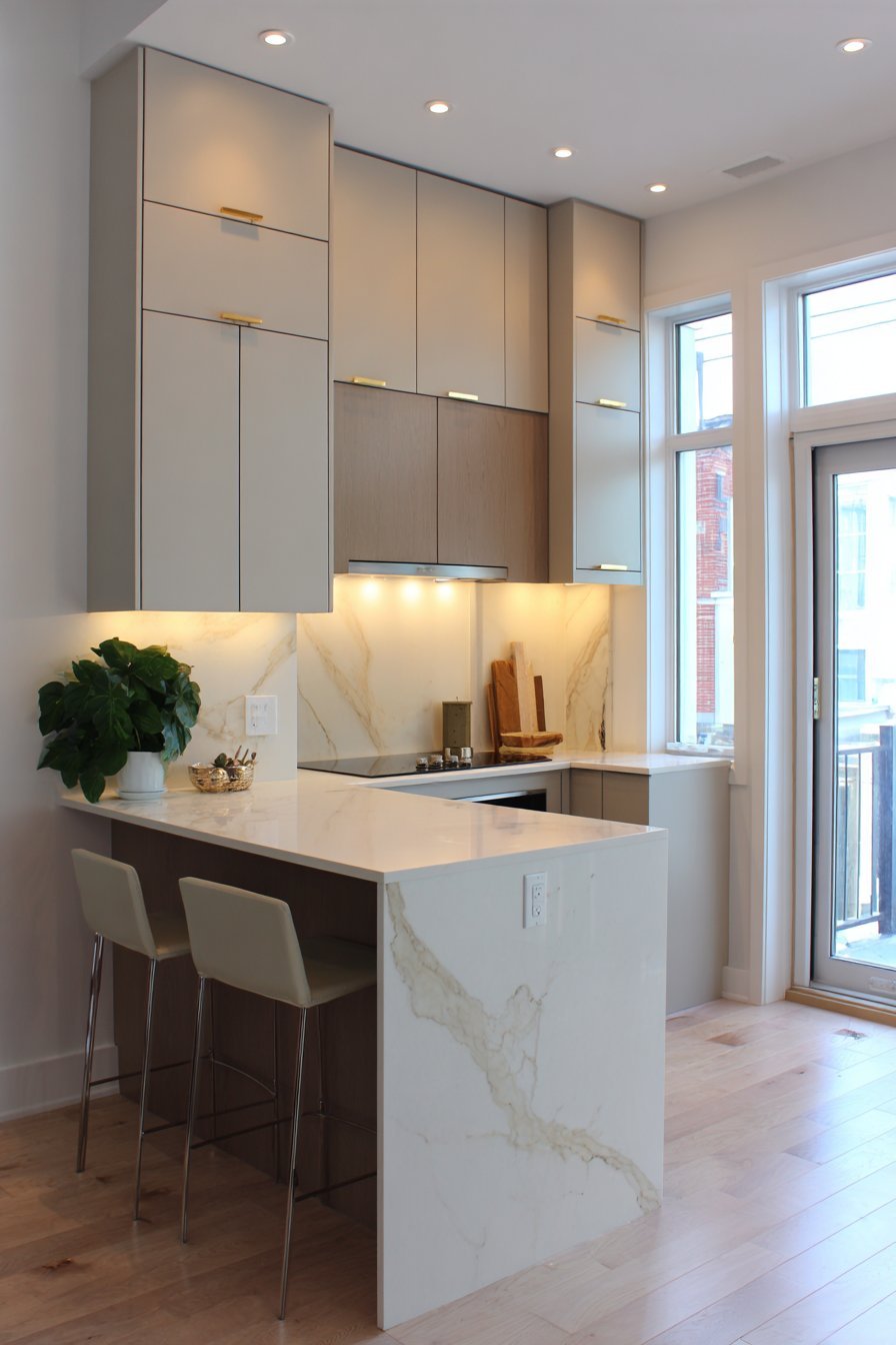 Small kitchen peninsula with waterfall quartz edge, two counter stools and light grey flat-panel cabinets