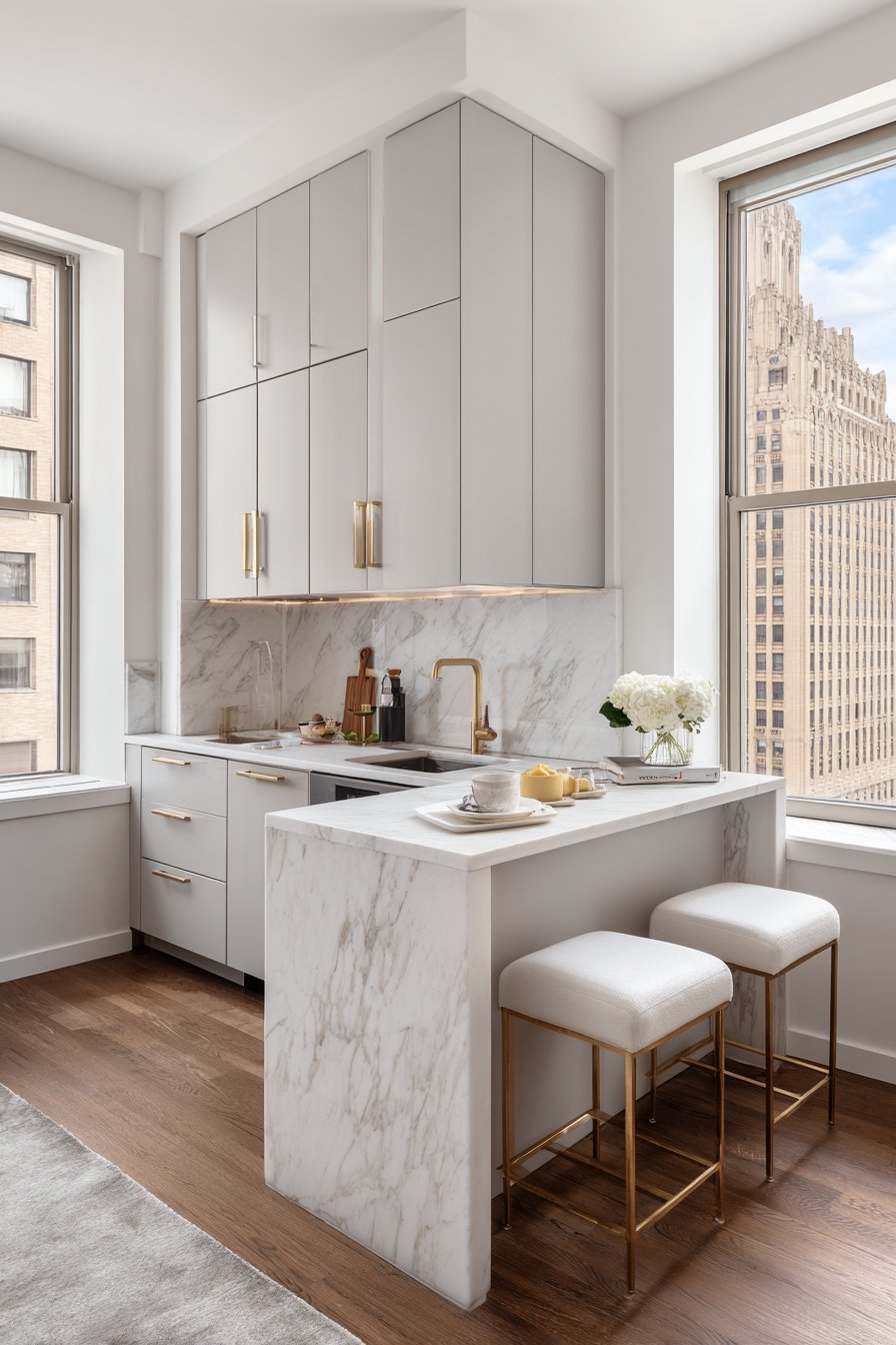 Small kitchen peninsula with waterfall quartz edge, two counter stools and light grey flat-panel cabinets