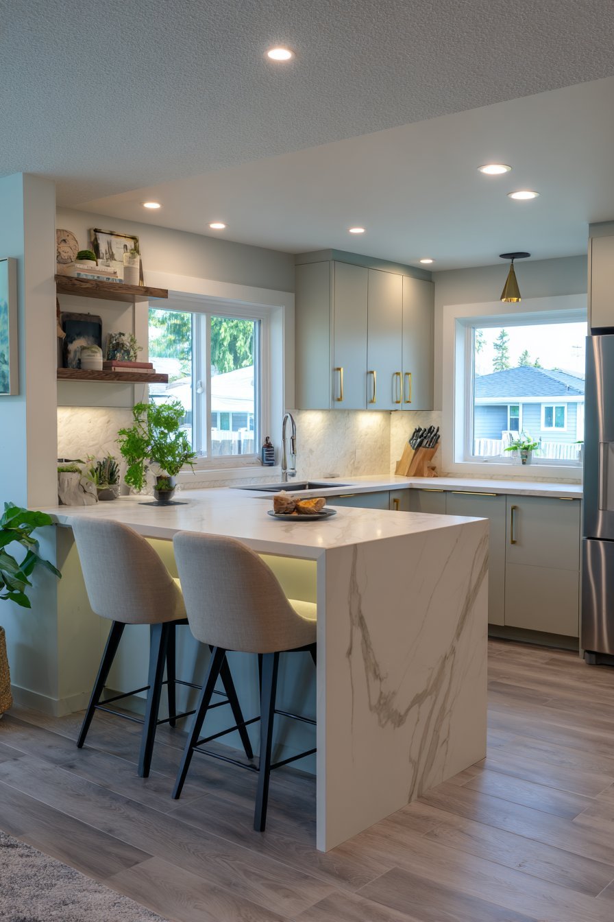 Small kitchen peninsula with waterfall quartz edge, two counter stools and light grey flat-panel cabinets