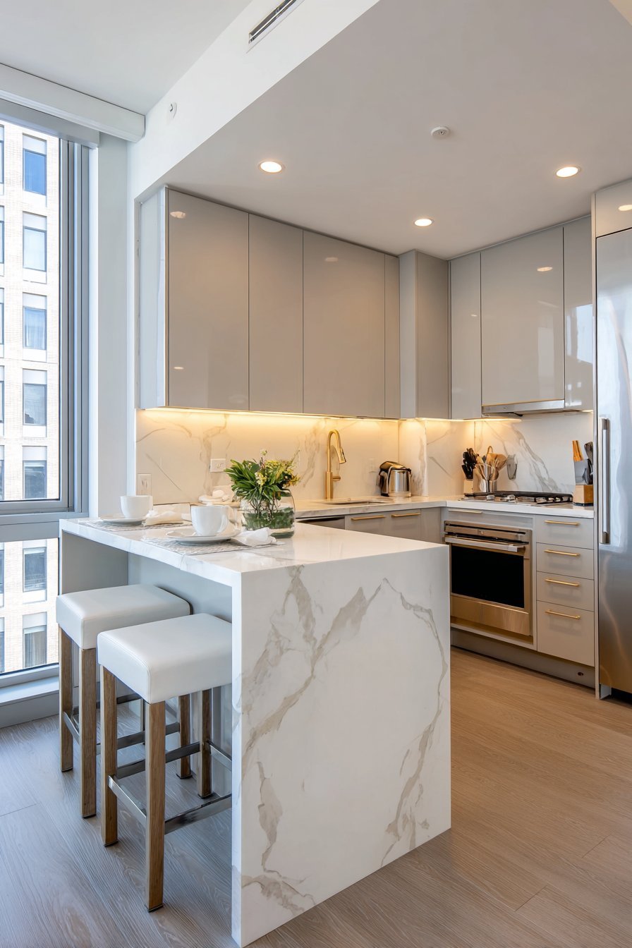 Small kitchen peninsula with waterfall quartz edge, two counter stools and light grey flat-panel cabinets