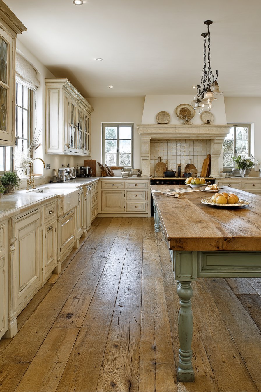 Sage green island with turned legs, corbels and butcher block top beside cream cabinets and handmade ivory tile