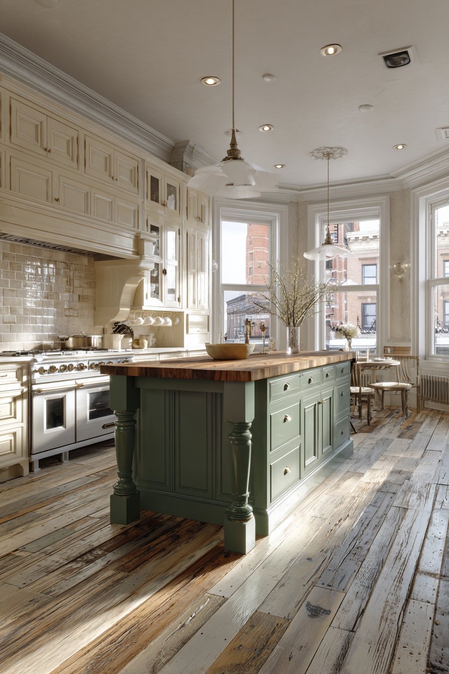 Sage green island with turned legs, corbels and butcher block top beside cream cabinets and handmade ivory tile
