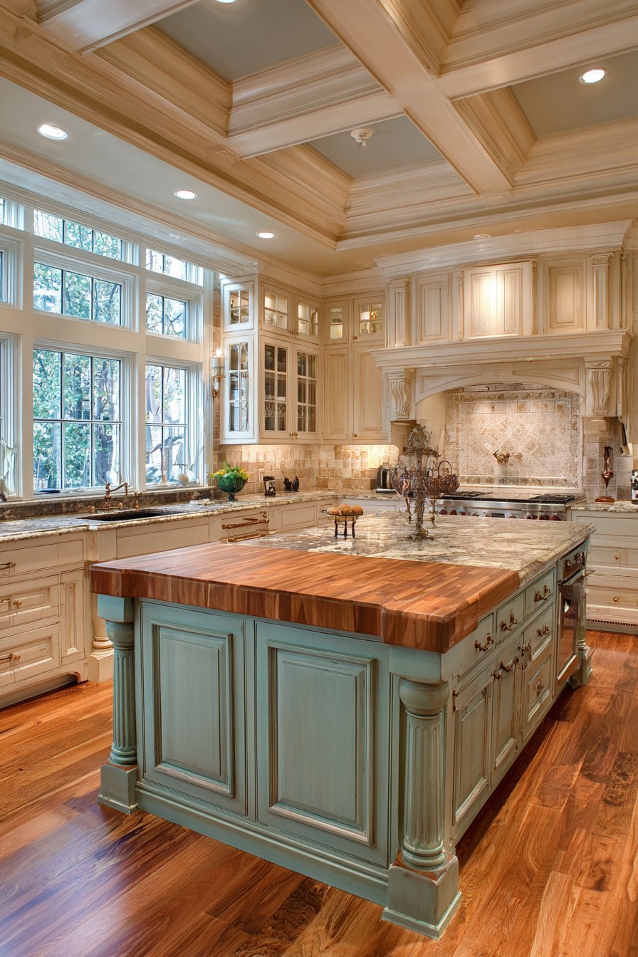 Sage green island with turned legs, corbels and butcher block top beside cream cabinets and handmade ivory tile