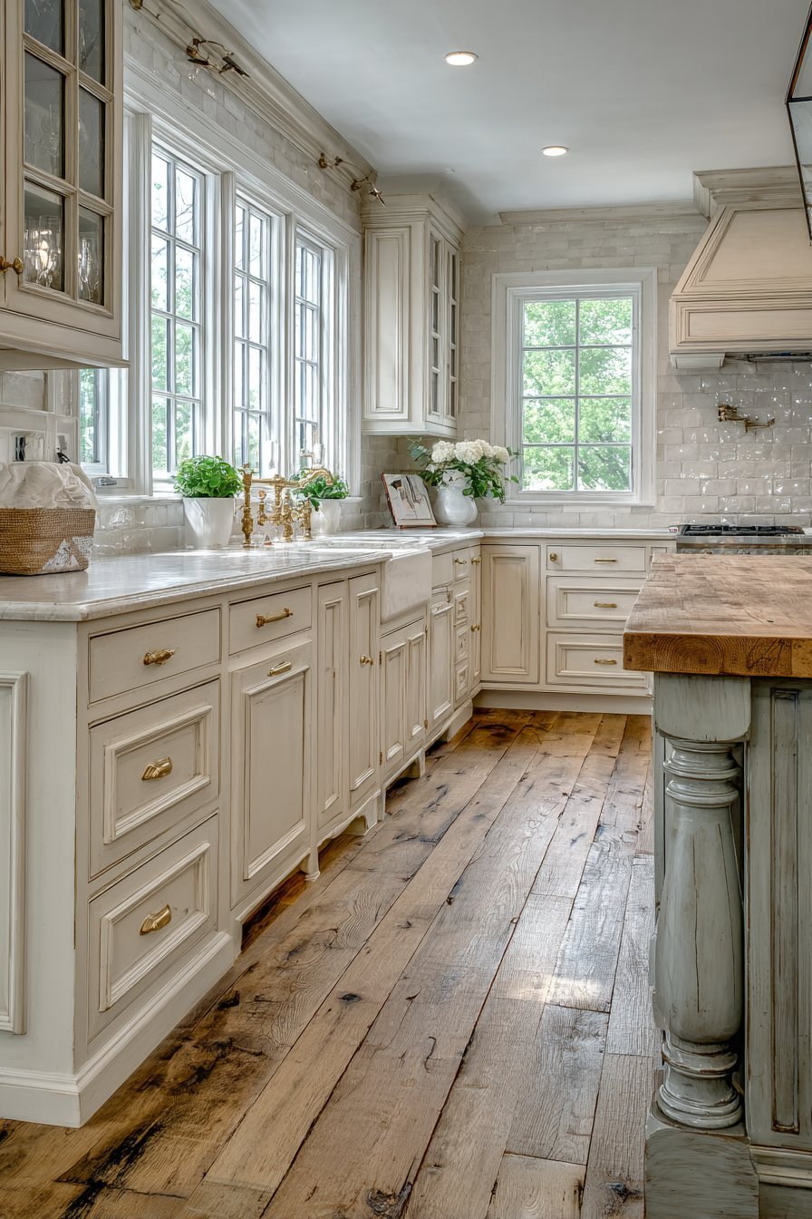 Sage green island with turned legs, corbels and butcher block top beside cream cabinets and handmade ivory tile