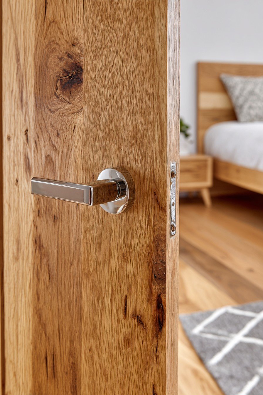 Flush light oak bedroom door with chrome lever handle beside a platform bed and white oak floor