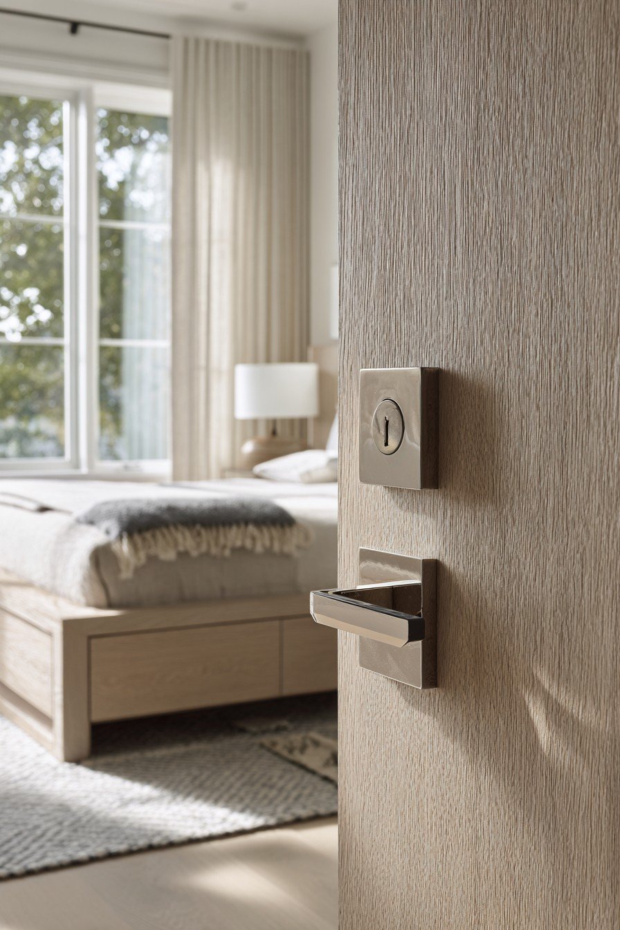 Flush light oak bedroom door with chrome lever handle beside a platform bed and white oak floor