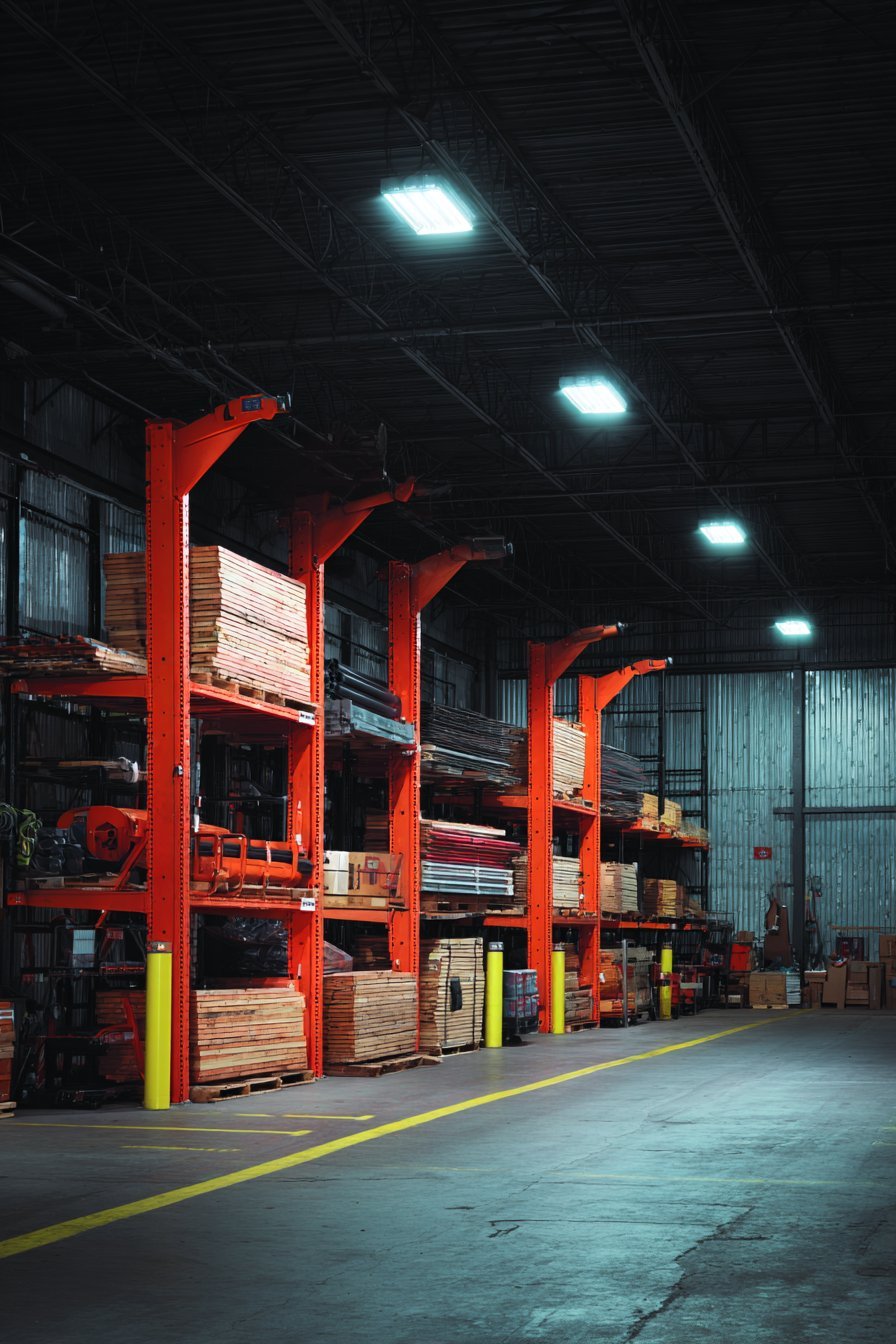 Red industrial cantilever racks holding lumber and pipes against a concrete wall with yellow floor safety stripes