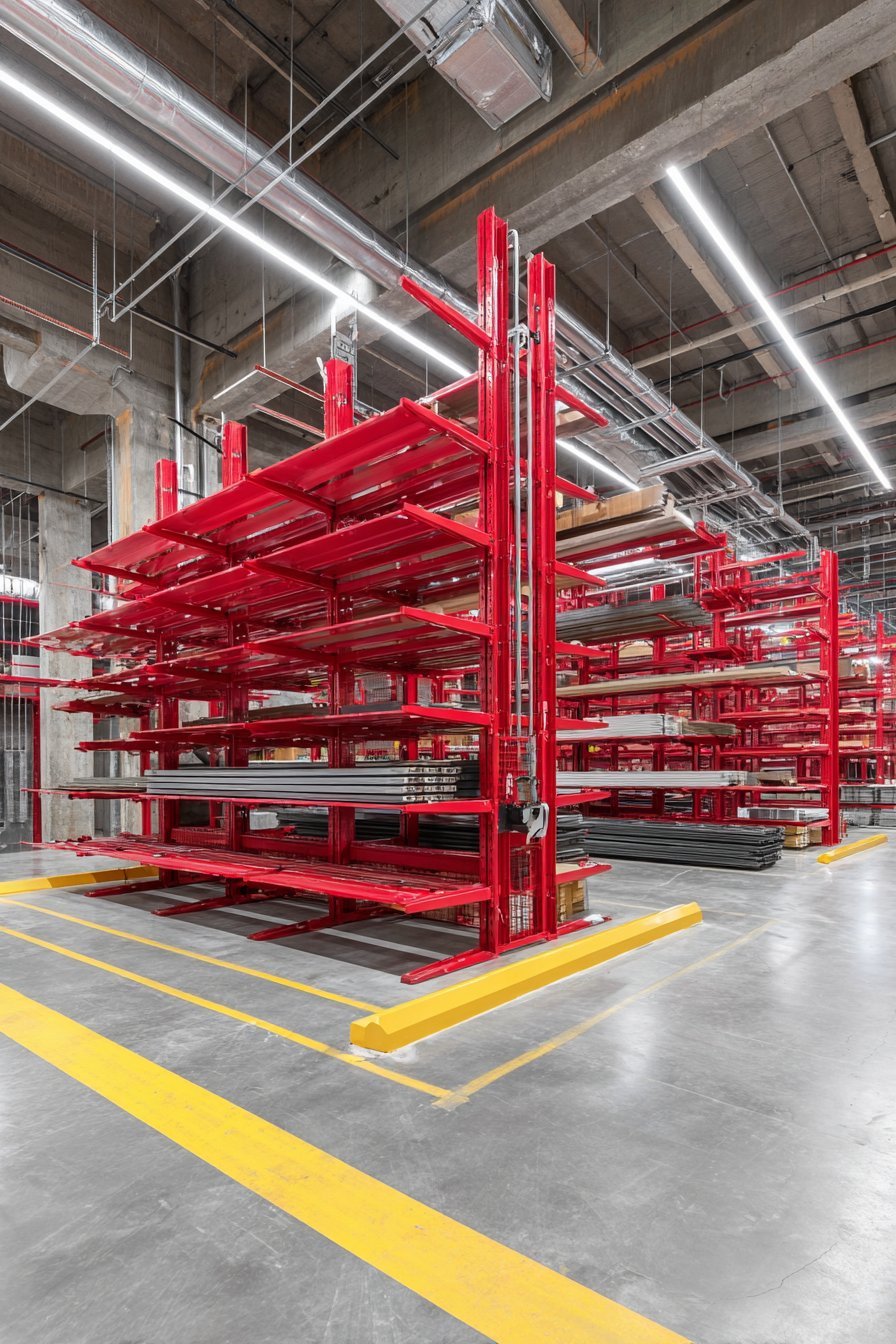 Red industrial cantilever racks holding lumber and pipes against a concrete wall with yellow floor safety stripes