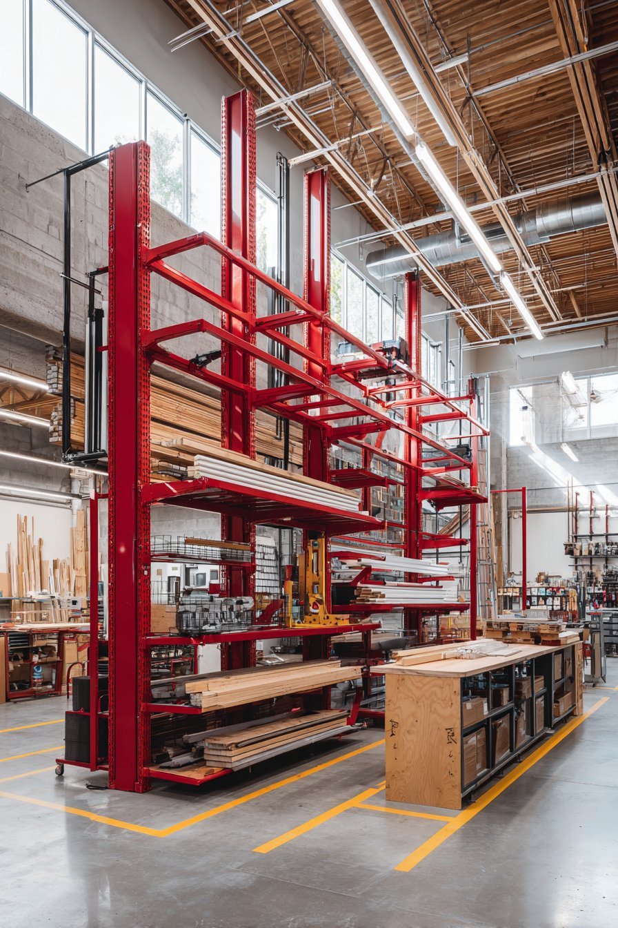 Red industrial cantilever racks holding lumber and pipes against a concrete wall with yellow floor safety stripes